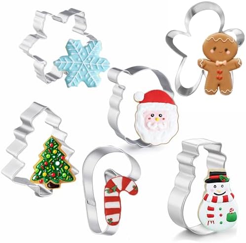 Large Christmas Cookie Cutters, 4" Holiday Cookie Cutters Shape with Recipe Instruction Gingerbread Men,Christmas Tree,Snowflake, Candy Cane,Santa Face and Snow Man for Baking by Qbaker