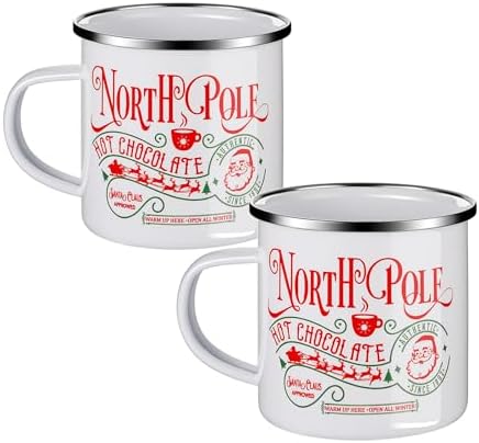 2 Pack Christmas Enamel Mugs, 12 oz North Pole Christmas Mugs Hot Chocolate Mug Set Santa Claus Enamel Mug, Stocking Stuffer Gift for Women Friends Coworkers Family by NatNarr
