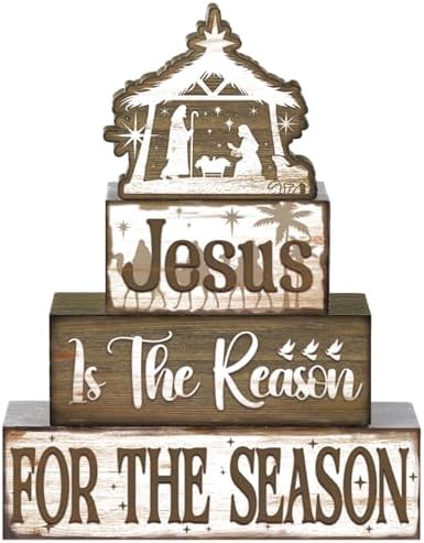 Moucuny 4 Pcs Christmas Jesus Religious Table Decor Christian Wooden Signs by Moucuny