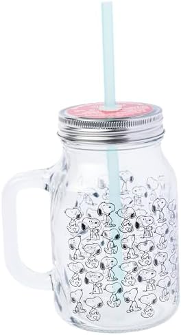 Silver Buffalo Peanuts Snoopy, Glass Mason Jar with Handle and Straw, 21oz - Image 2