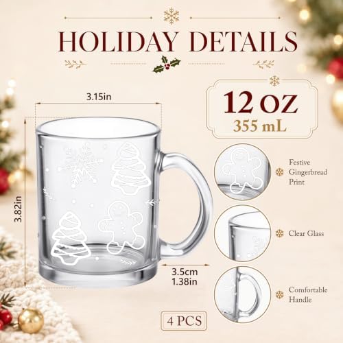 LemonRoad 4 Pcs Christmas Glass Coffee Mugs 12 oz Gingerbread Cups - Image 3