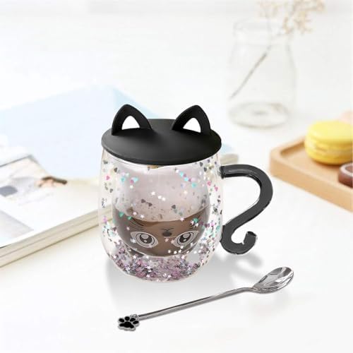 Glittery Black Cat Double Walled Glass Coffee Mugs Coffee Cup Birthday Gift - Image 2
