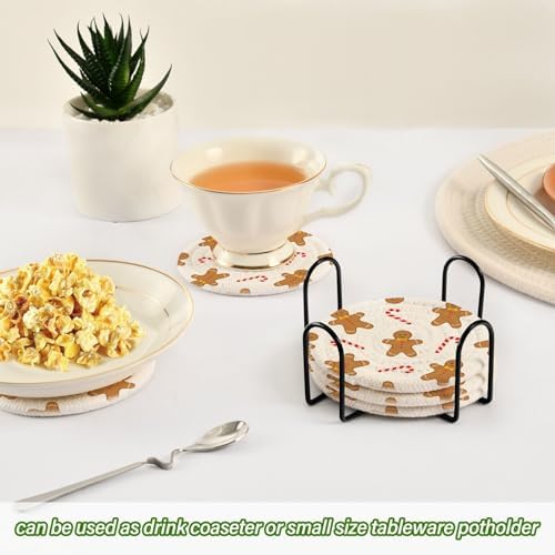 YETTASBIN Christmas Gingerbread Man 6 Pcs Drink Coasters with Holder, Cotton Woven Absorbent Heat-Resistant Round Coaster Set Tabletop Protector for Kitchen Bar Home Decor Housewarming Gift, 3.9 in - Image 6