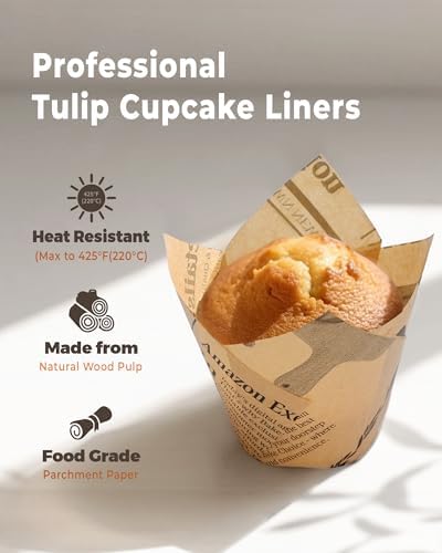 Bake Choice 200pc Standard Tulip Cupcake Liners for Baking, Newspaper Print - Image 3
