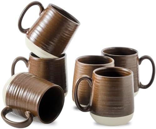 HASENSE Porcelain Coffee Mugs Set of 6, 15 Ounce Large Ceramic Coffee Cups Set with Handle for Latte, Tea, Cocoa and Hot Chocolate, Brown Coffee Mugs for Men and Women, Microwave Safe by Hasense