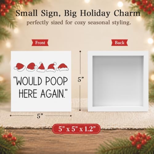 Christmas Bathroom Decor, Funny Christmas Decorations, Santa Hat Bathroom Table Decoration Would Poop Here Again Wooden Box Sign, Home Shelf Desk Decor for Toilet 5x5 Inches - Image 2