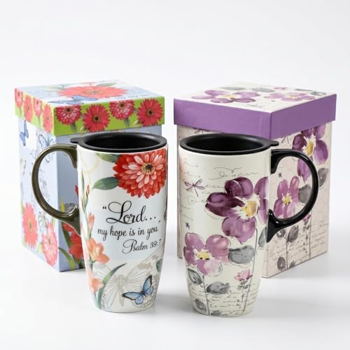Topadorn 17oz Ceramic Travel Mugs Set of 2, Floral Coffee Mugs with Lids by Topadorn