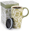 Topadorn 17 Oz Ceramic Coffee Travel Mug with Spill Proof Lid & Handle, Microwave Dishwasher Safe Tea Cup, Green Leaf by Topadorn
