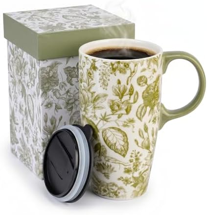 Topadorn 17 Oz Ceramic Coffee Travel Mug with Spill Proof Lid & Handle, Microwave Dishwasher Safe Tea Cup, Green Leaf by Topadorn