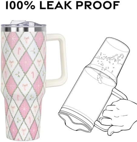 Christmas Tumbler with Handle and Straw Lid 40 oz,Cute Gifts for Women Merry Xmas Plaid Bow Candy Cane Holly Stars Winter Holiday Festival Vacuum Insulated Leak Proof Stainless Steel Coffee Cup Mug - Image 4