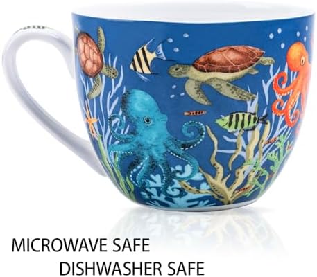 Summer Ocean Wonders Hug Mug - 20oz Deep Blue Bone China Coffee Mug with Sea Turtle, Octopus and Tropical Fish, Marine Life Themed Gift for Ocean Lovers, Designed in England by Harvest Green Studio - Image 4