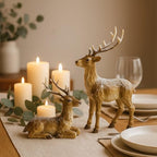 Resin Christmas Deer Figurines Set of 2 – Snow-Dusted Standing & Lying Pair Hand-Painted Gift-Ready Mantel Tabletop Holiday Reindeer Decor (Brown Reindeer) - Image 2