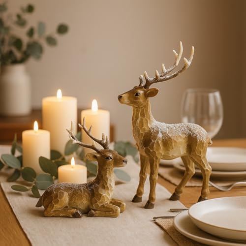 Resin Christmas Deer Figurines Set of 2 – Snow-Dusted Standing & Lying Pair Hand-Painted Gift-Ready Mantel Tabletop Holiday Reindeer Decor (Brown Reindeer) - Image 2