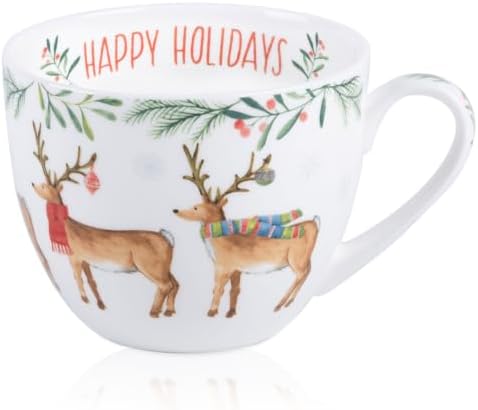 Christmas Reindeer Mug – 20oz Bone China Coffee Tea Hug Mug with Happy Holidays Inside, Perfect Christmas or Any Holiday Gift for Women & Men – Designed in England by Harvest Green Studio by MFoffice