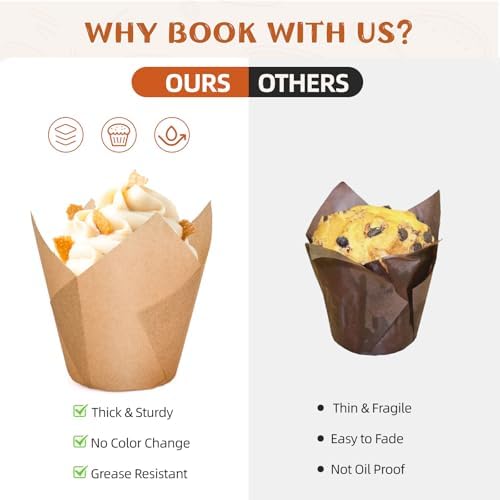 200pcs Natural Tulip Cupcake Liners, Premium Muffin Liners Holders for Baking Cups, Greaseproof Cupcake Wrappers in Standard Size, Classic Parchment Paper Cupcakes Liner by JIRNGLA - Image 7