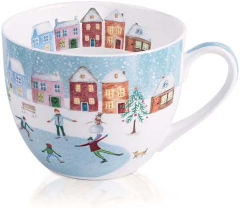Christmas Skating Mug - 20 oz Bone China Winter Coffee Mugs with Snowy Village, Perfect Holiday and Birthday Gifts for Friends and Family - Designed in England by Harvest Green Studio by MFoffice