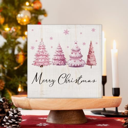 Merry Christmas Decorations - Pink Christmas Tree Wooden Sign - Image 3