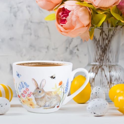 20 oz Bunny Coffee Mug with Spring Flowers & Happy Days Slogan, Premium Bone China Rabbit Coffee Cup, Cute Garden Gift for Women, Family&Friends, Designed in England by Harvest Green Studio - Image 5