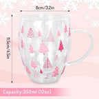 JarThenaAMCS Christmas Double Wall Glass Coffee Mugs 12oz Cute Pink Xmas Tree Insulated Glasses Clear Espresso Cups with Handle for Home Holiday Supplies, Set of 2 - Image 2