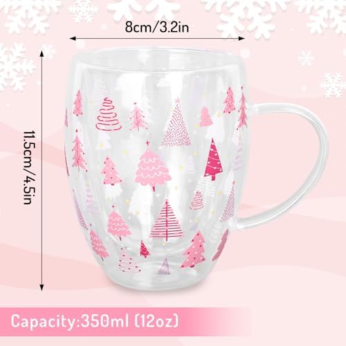 JarThenaAMCS Christmas Double Wall Glass Coffee Mugs 12oz Cute Pink Xmas Tree Insulated Glasses Clear Espresso Cups with Handle for Home Holiday Supplies, Set of 2 - Image 2