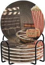 YETTASBIN Movie Theater Popcorn 6 Pcs Drink Coasters with Holder, Cotton Woven Absorbent Heat-Resistant Round Coaster Non-Slip Table Mat for Kitchen Bar Home Decor Housewarming Gift, 3.9 in by Unknown