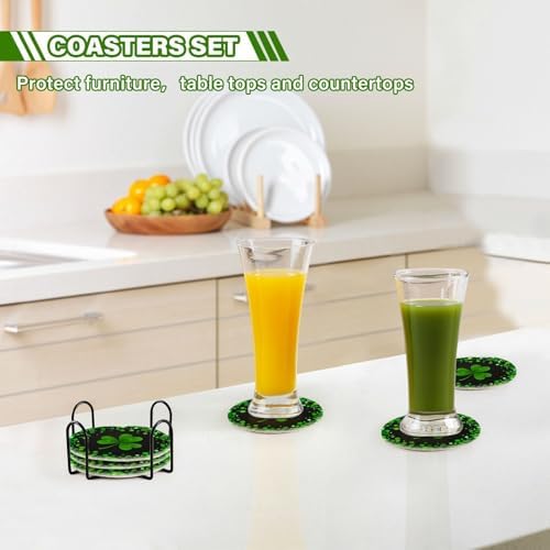 YETTASBIN St. Patrick's Day Shamrock 6 Pcs Drink Coasters with Holder, Cotton Woven Absorbent Heat-Resistant Round Coaster Non-Slip Table Mat for Kitchen Bar Home Decor Housewarming Gift, 3.9 in - Image 7