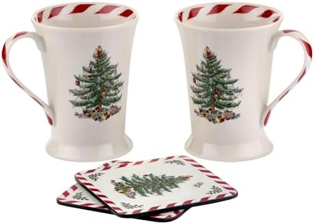 Spode Pimpernel Christmas Tree Peppermint Mugs & Coasters Set - Set of 4 by Spode