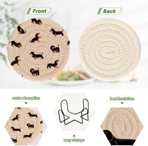 YETTASBIN Cute Dachshund Dog 6 Pcs Drink Coasters with Holder, Cotton Woven Absorbent Heat-Resistant Round Coaster Non-Slip Table Mat for Kitchen Bar Home Decor Housewarming Gift, 3.9 in - Image 4
