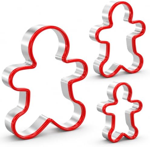 Gingerbread Man Cookie Cutters Set, 3 PCS Gingerbread Man Biscut Cutters Set Stainless Steel Christmas Cookie Cutters with Red Environmental PVC - 5.3/4.5/3.5IN by Crethinkaty