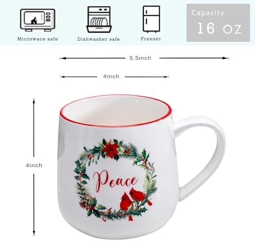 Christmas Ceramic Coffee Mug Set of 6, 16 OZ Holiday Porcelain Mugs, Wreath with Red Cardinal design With words Hope,Peace, Cheer, Joy, Love, Believe Cups for Xmas Gift Party Supplies - Image 6