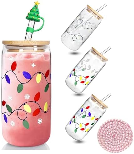18oz Color Changing Christmas Cup, Cute Glass Cups with Lids and Straws by MasonLife