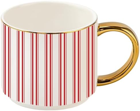 Sweet Water Decor Red Stripe Coffee Mug, 14oz China Christmas Mug with Gold Handle, Large Holiday Winter Cup for Coffee, Tea & Hot Chocolate, Stocking Stuffer Gifts for Women by SweetWaterDecor