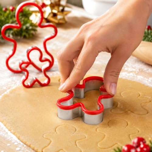 Gingerbread Man Cookie Cutters Set, 3 PCS Gingerbread Man Biscut Cutters Set Stainless Steel Christmas Cookie Cutters with Red Environmental PVC - 5.3/4.5/3.5IN - Image 4