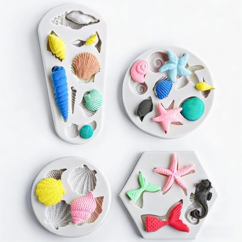 HKNMTT Marine Themed Silicone Mold for Polymer Clay Fondant, Seashell Mermaid Tail Starfish Ocean Seahorse Air Dry Clay Craft Cake Decor Wax Melt Chocolate Candy Mould DIY Cupcake Toppers BPA Free by HKNMTT