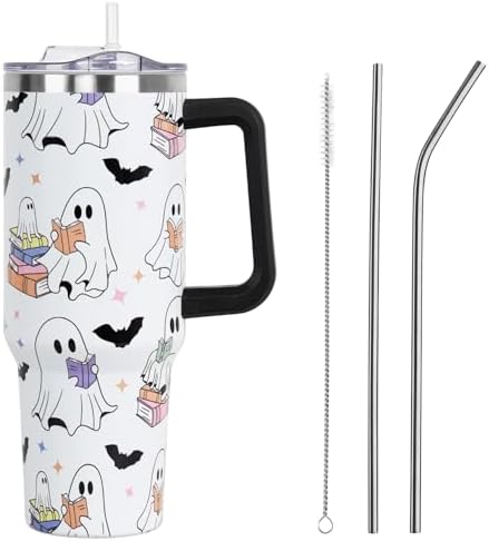 Halloween Tumbler with Lid and Straw 40oz,Cute Spooky Ghost Reading Vacuum Insulated Leak Proof Tumbler,Goth Bookish Reader Gift Women Girls,Book Lover Accessories Stainless Steel Coffee Cup by Unknown