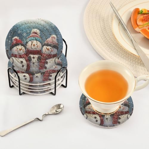 YETTASBIN Christmas Snowman 6 Pcs Drink Coasters with Holder, Cotton Woven Absorbent Heat-Resistant Round Coaster Set Tabletop Protector for Kitchen Bar Home Decor Housewarming Gift, 3.9 in - Image 5