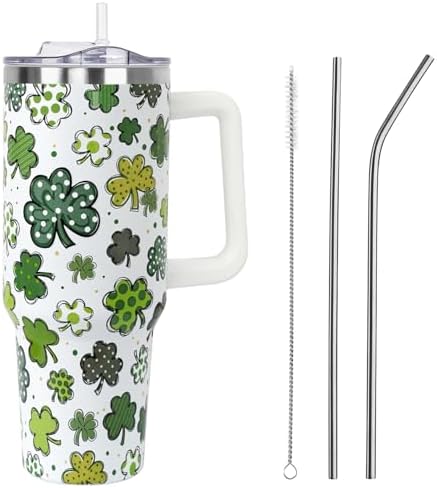 St Patricks Day Gifts 40 oz Tumbler with Handle and Straw Lid,Cute St Patrick's Day Spring Gift for Women Men Lucky Clover Shamrock Polka Dot Vacuum Insulated Leak Proof Stainless Steel Coffee Cup Mug by Unknown