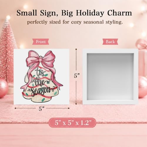 Pink Christmas Decor, Christmas Decorations Indoor, Coquette Bow Xmas Tree Cakes Sign Gift for Women Friends, Rustic Farmhouse Wooden Box Sign for Home Office Bedroom Desk Decor 5x5 Inches - Image 2