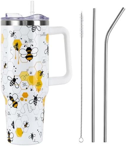Spring Summer Bee Tumbler with Handle and Straw Lid 40 oz,Cute Be Kind, Different, Queen Bee Honeycomb Gift for Women Men Vacuum Insulated Leak Proof Stainless Steel Coffee Cup Mug by Unknown