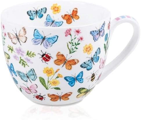 Colorful Butterfly Mug - 20oz Bone China Coffee Tea Hug Mug with Multicolor Butterflies, Ladybugs, Bees & Blooms, Perfect Gifts for Mom Women Mothers Day, Designed in England by Harvest Green Studio by MFoffice