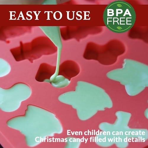 HKNMTT Mini Christmas Candy Molds, Silicone 72 Cavity Chocolate Mold, Tree Santa Snowman Stocking Bell Gingerbread Shape Gummy Making Set, Food Grade for Gifts Cookies Dog Treats - Image 4