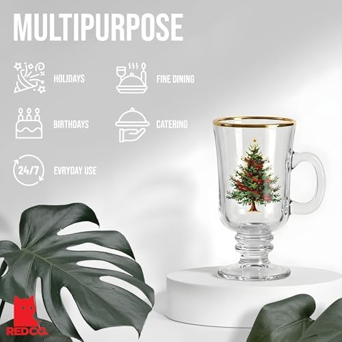 Red Co. Set of 4 Clear Glass 8 Fl Oz Christmas Tree Drinking Tumblers with Gold Rim – Irish Coffee Mug - Image 3