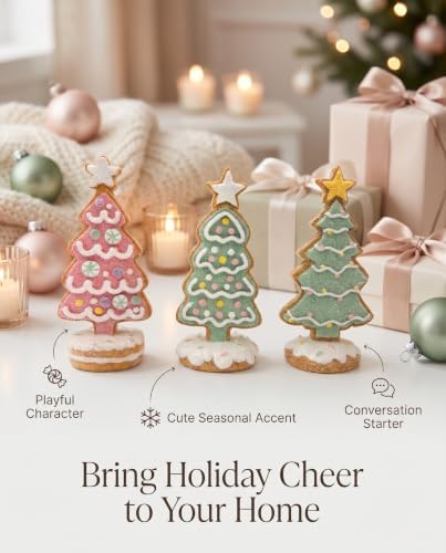 Set of 3 Faux Gingerbread Christmas Tree Trio Figurines - 5.1" Resin Sugared Fake Bake Cookie Trees - Pastel Pink & Green Candy Frosting Holiday Tabletop Decor for Tiered Trays, Kitchens & Mantels - Image 6