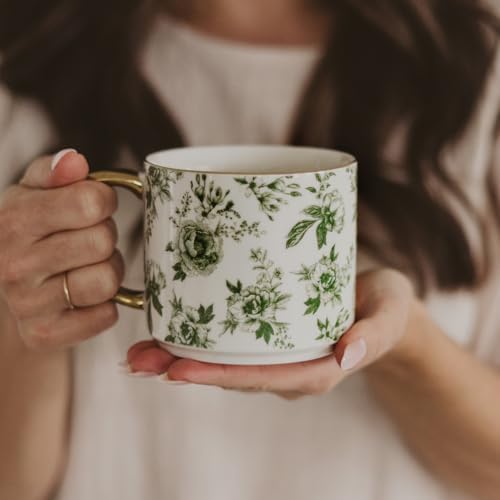 Sweet Water Decor Green Delft Coffee Mug, Vintage Green Floral Design with Gold Handle & Rim, 14oz Fine Bone China Tea Cup, Cute Gifts for Mother's Day, Baby Shower, Christmas & Mom's Birthday - Image 2