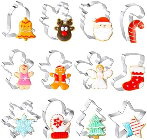 Christmas Cookie Cutters Set, 12 Pieces Stainless Steel Metal Christmas Cookie Cutters Shapes - Gingerbread Men,Christmas Tree,Snowflake, Candy Cane, Santa Face, Star and More by QtoiKce