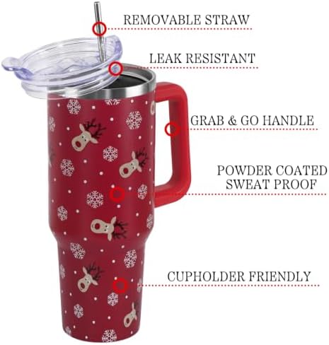 Christmas Tumbler with Handle and Straw Lid 40 oz,Cute Gifts for Women Merry Xmas Reindeer Snowflakes Winter Holiday Festival Vacuum Insulated Leak Proof Stainless Steel Coffee Cup Mug - Image 3