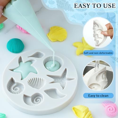 HKNMTT Marine Themed Silicone Mold for Polymer Clay Fondant, Seashell Mermaid Tail Starfish Ocean Seahorse Air Dry Clay Craft Cake Decor Wax Melt Chocolate Candy Mould DIY Cupcake Toppers BPA Free - Image 5