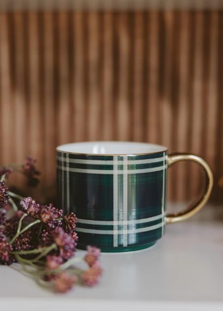 Sweet Water Decor Navy & Green Plaid Coffee Mug, 14oz Fine Bone China Cup - Image 4
