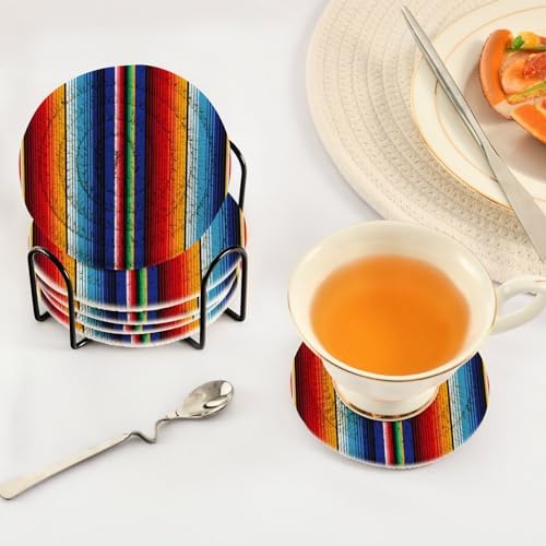 YETTASBIN Mexican Blanket Stripes 6 Pcs Drink Coasters with Holder, Cotton Woven Absorbent Heat-Resistant Round Coaster Non-Slip Table Mat for Kitchen Bar Home Decor Housewarming Gift, 3.9 in - Image 5