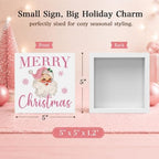 Pink Christmas Decor, Vintage Christmas Decorations Indoor, Snowflake Santa Claus Sign Gift for Women Friends, Rustic Farmhouse Wooden Box Sign for Home Office Bedroom Desk Decor 5x5 Inches - Image 2